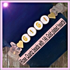 GIGI Rose quartz & 14k gold plated beads/hearts elastic bracelet (NEW HANDMADE)